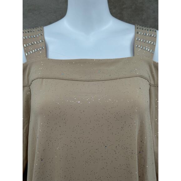 Roamans Top Womens 18 20 Tan Tunic Cold Shoulder Sparkle Embellished Party NYE - Picture 2 of 11